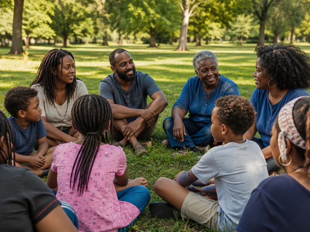 A community gathered in a circle on the grass