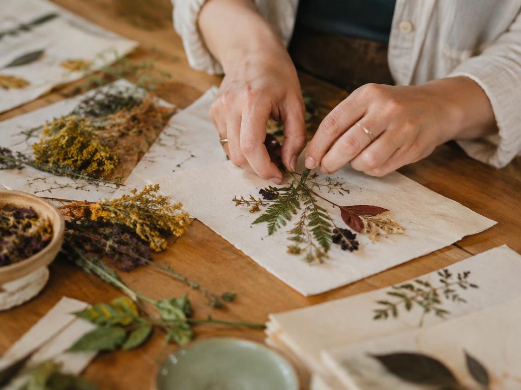 Hands pressing herbs onto handmade paper