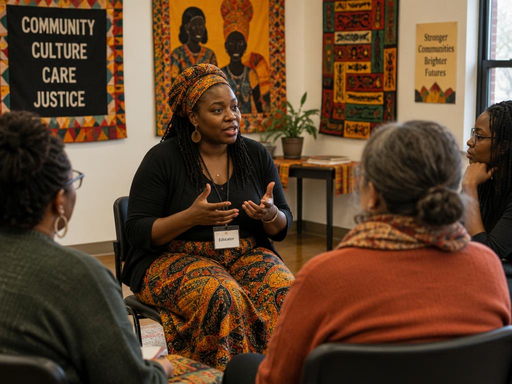 Mēlani in conversation with a circle of listeners