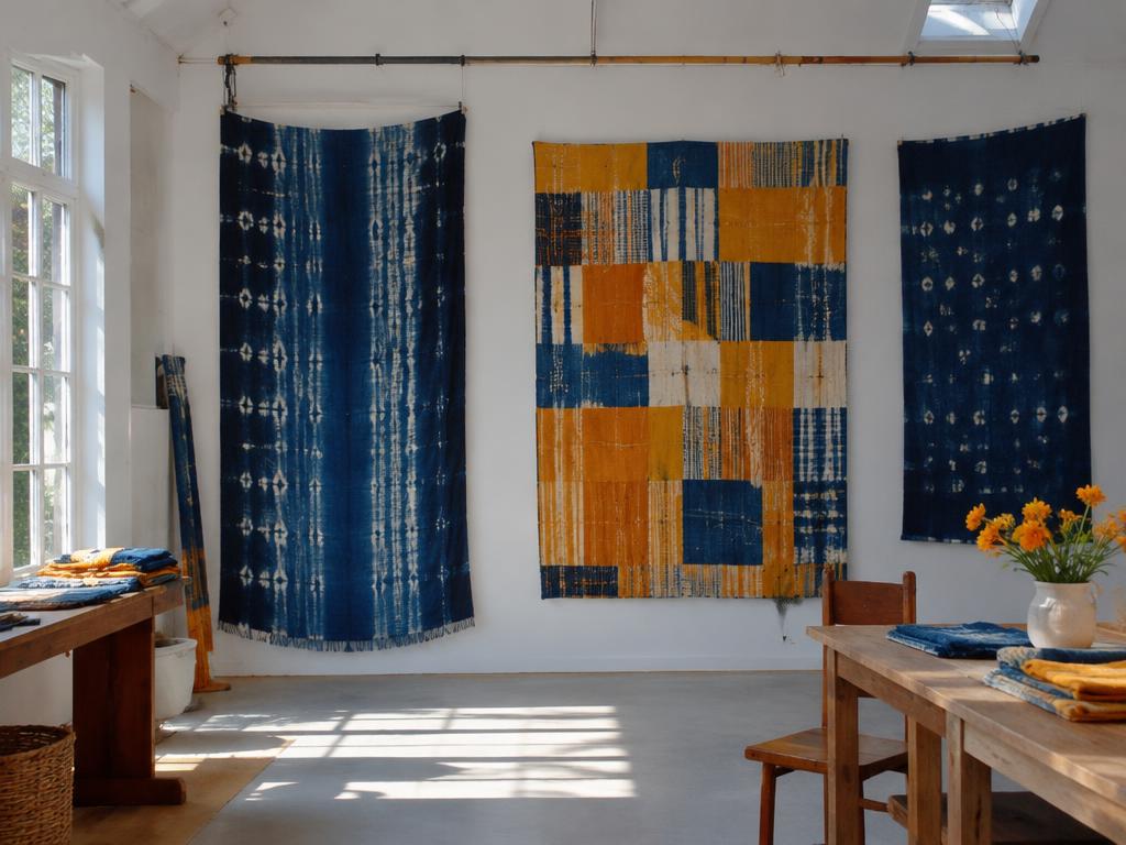 Indigo and mustard textiles in the studio